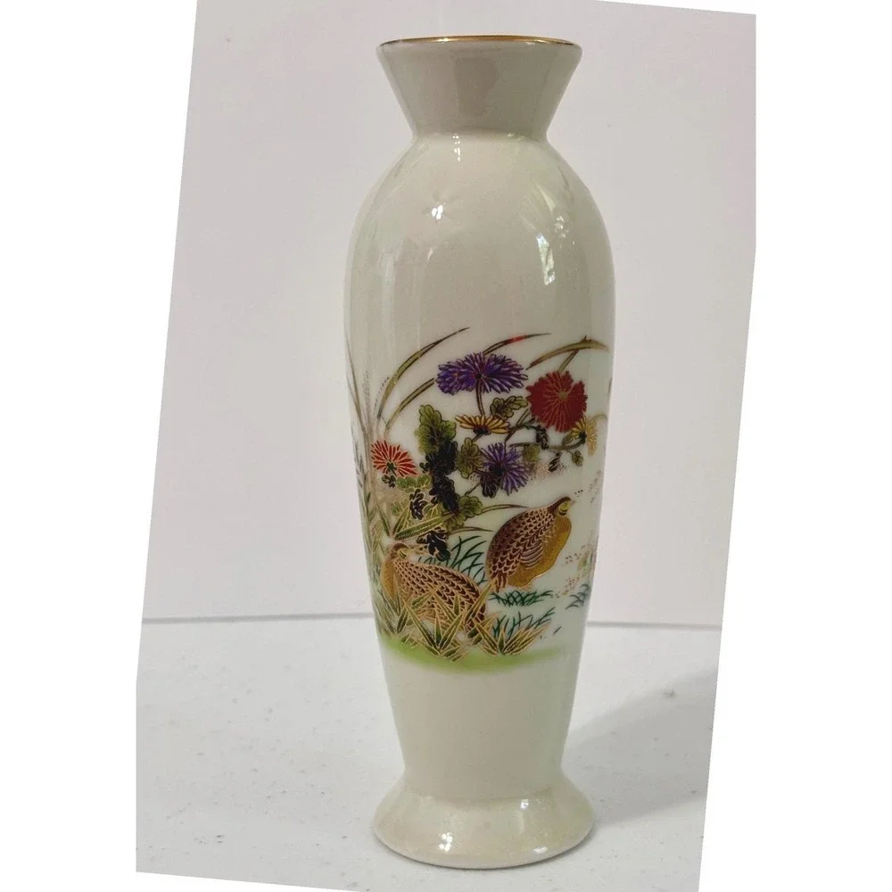 Vintage Otagiri Japan Porcelain Bud Vase Quail Bird Chrysanthemum Gold Trim