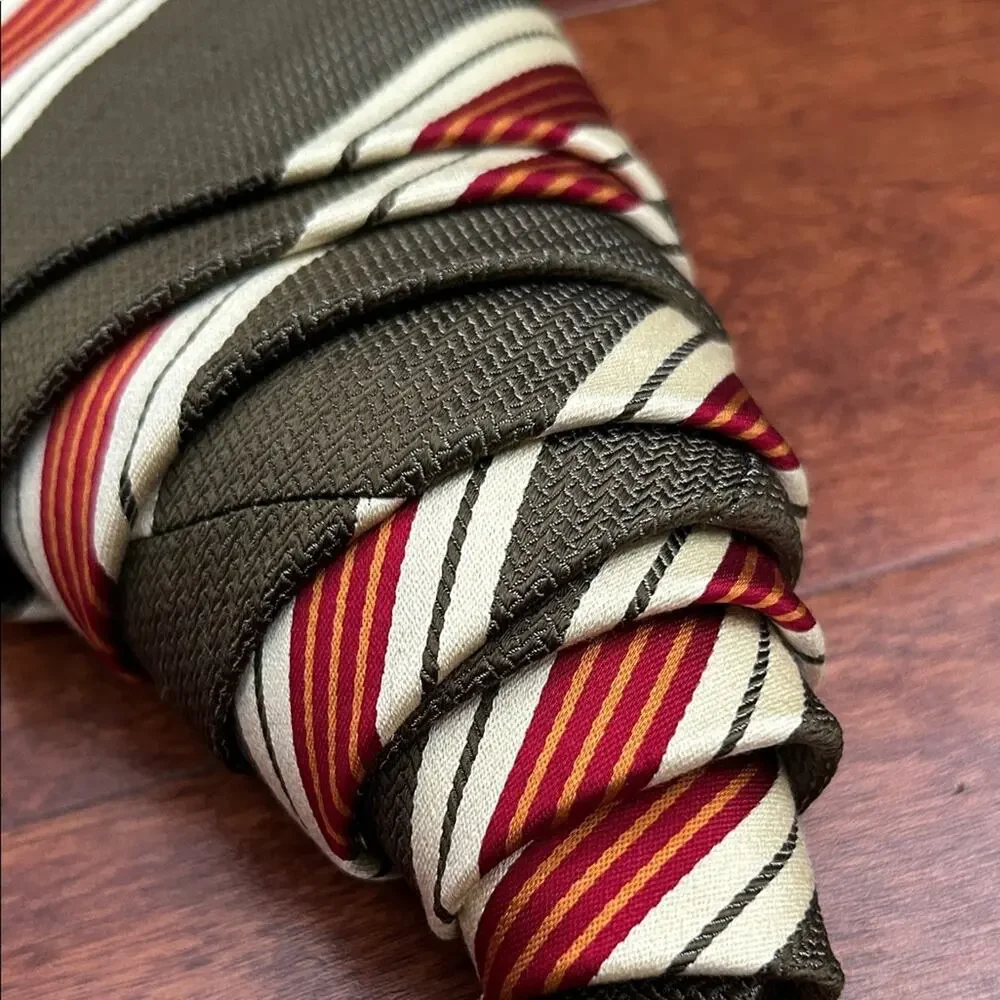 Gap Classic Retro Striped Tie in Khaki Green, Red, and Cream, 100% Silk