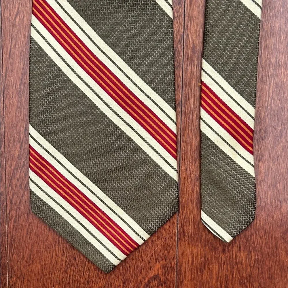 Gap Classic Retro Striped Tie in Khaki Green, Red, and Cream, 100% Silk