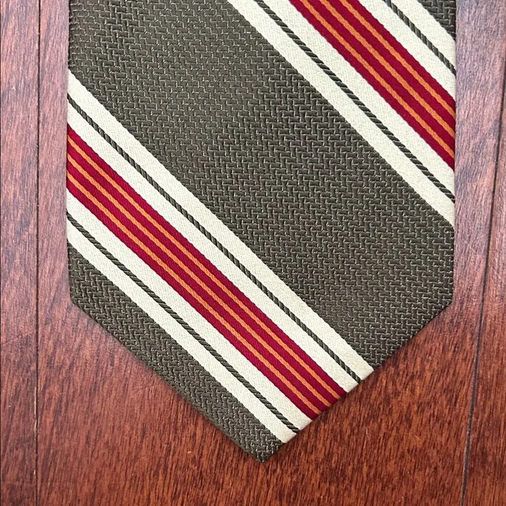 Gap Classic Retro Striped Tie in Khaki Green, Red, and Cream, 100% Silk