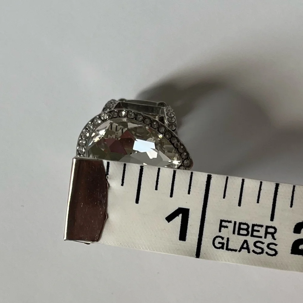 Vintage Statement Stretch Ring | Silver Tone Pear Cut Crystal