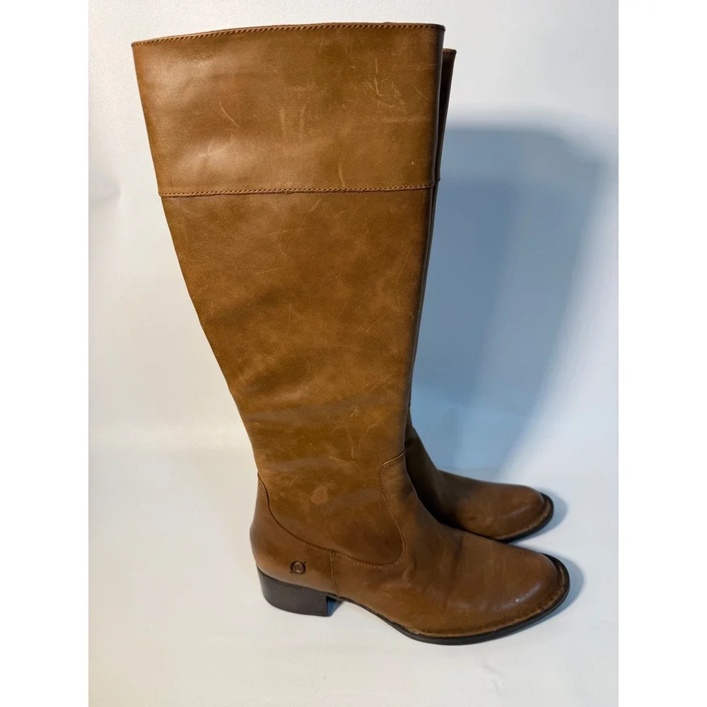 Born Boots‎ Women's 7.5 Leather Knee High Tan Brown Side Zip Block Heel