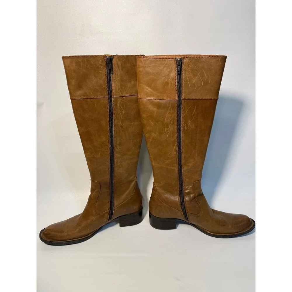 Born Boots‎ Women's 7.5 Leather Knee High Tan Brown Side Zip Block Heel
