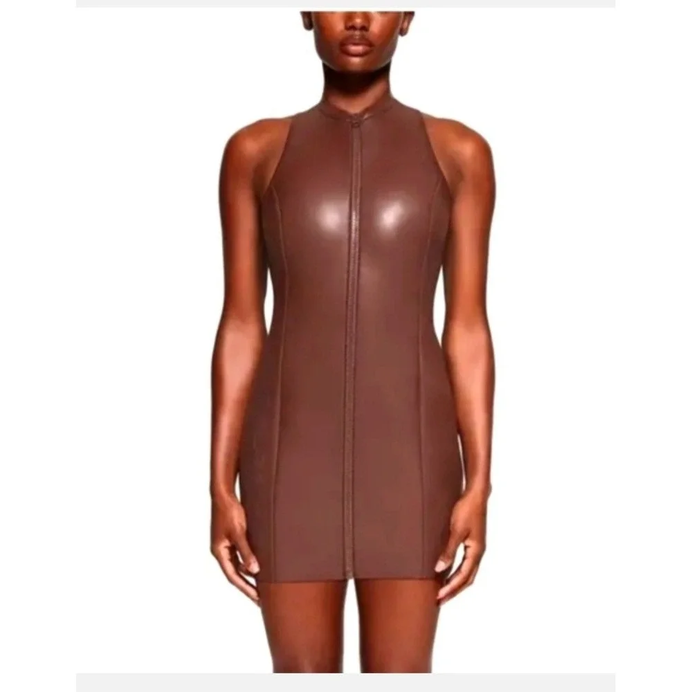 SKIMS Faux Leather Mock Neck Swim Dress Espresso Brown‎ Full Zip Racerback NEW