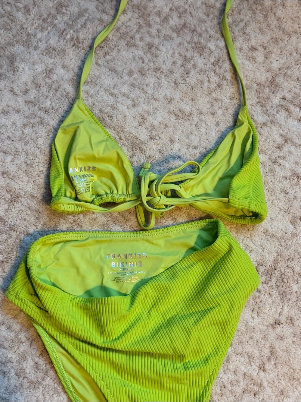Frankie's Bikinis Neon Lime Sky Ribbed High-Waist Triangle Bikini Set (XS)
