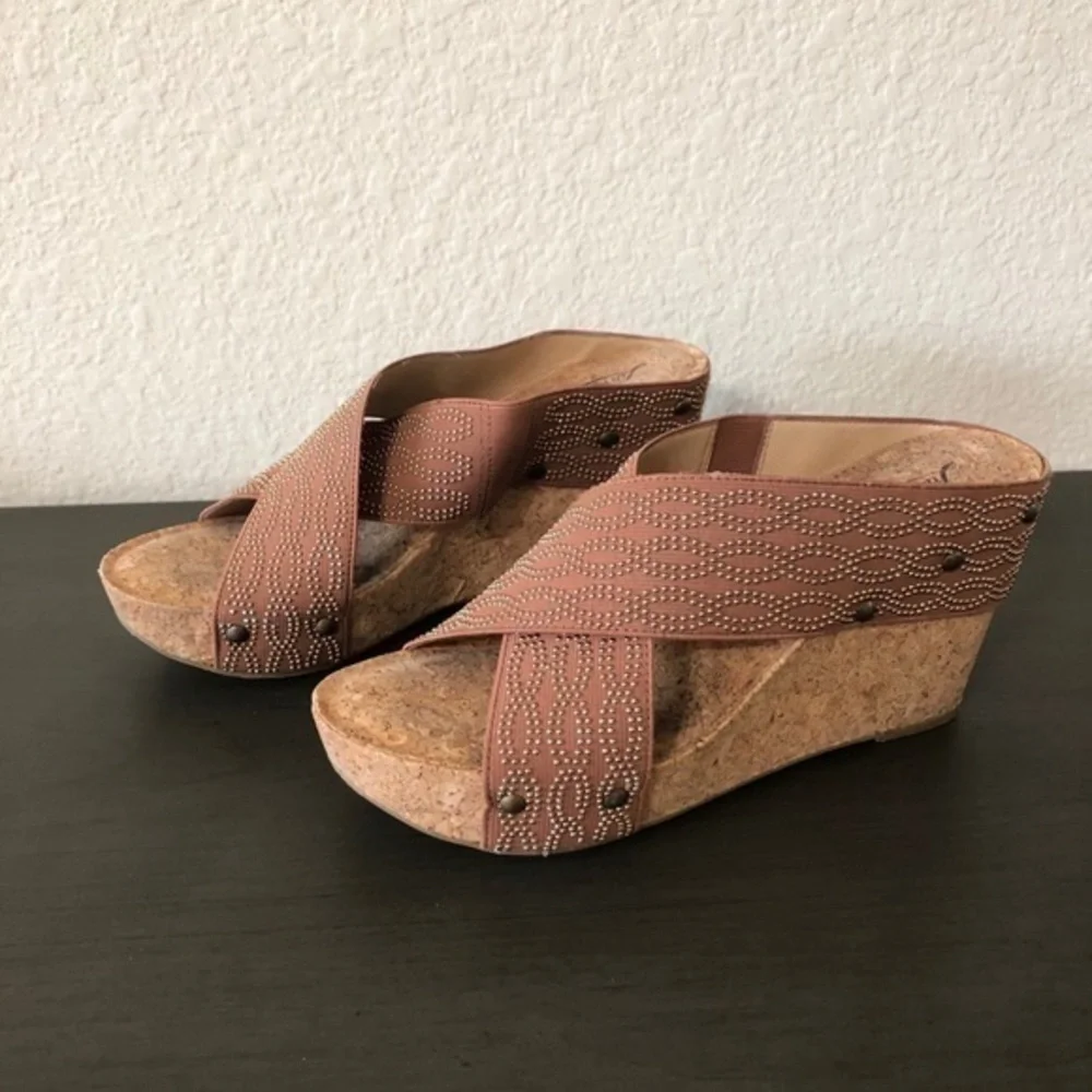 Lucky Brand Miller Brown Fabric Studs Cork Wedges