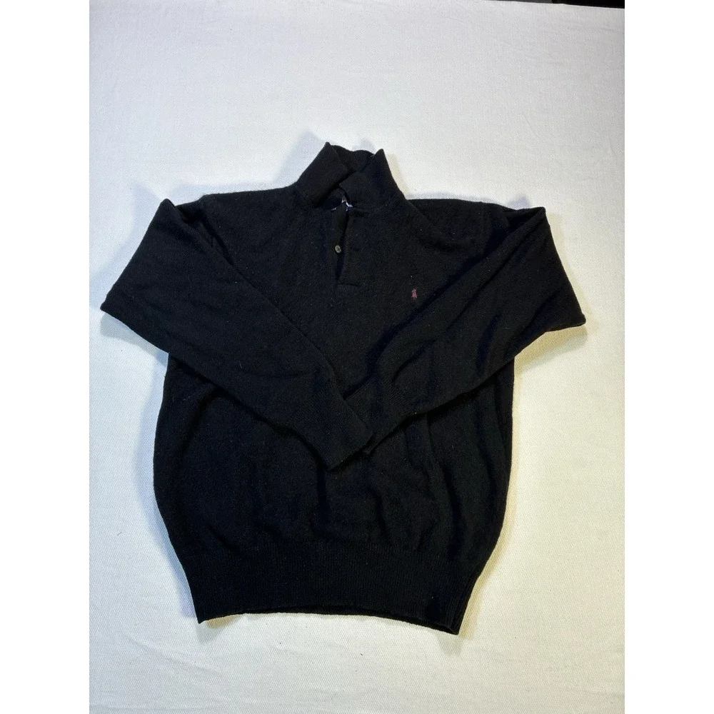 Vintage Polo Ralph Lauren Lambswool Sweater Large Black Quarter Button Pink Pony