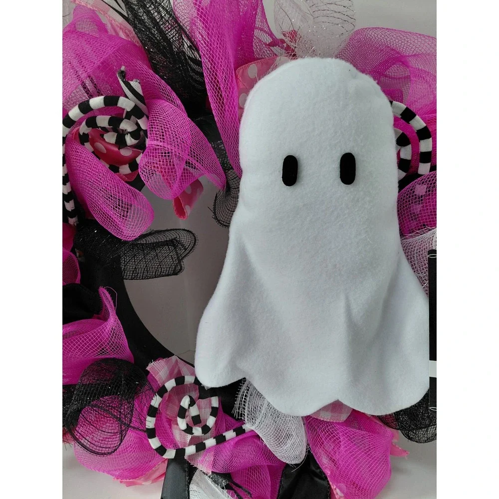 NWT Pink‎ Black White Mesh Ribbon Ghost Halloween Wreath 24