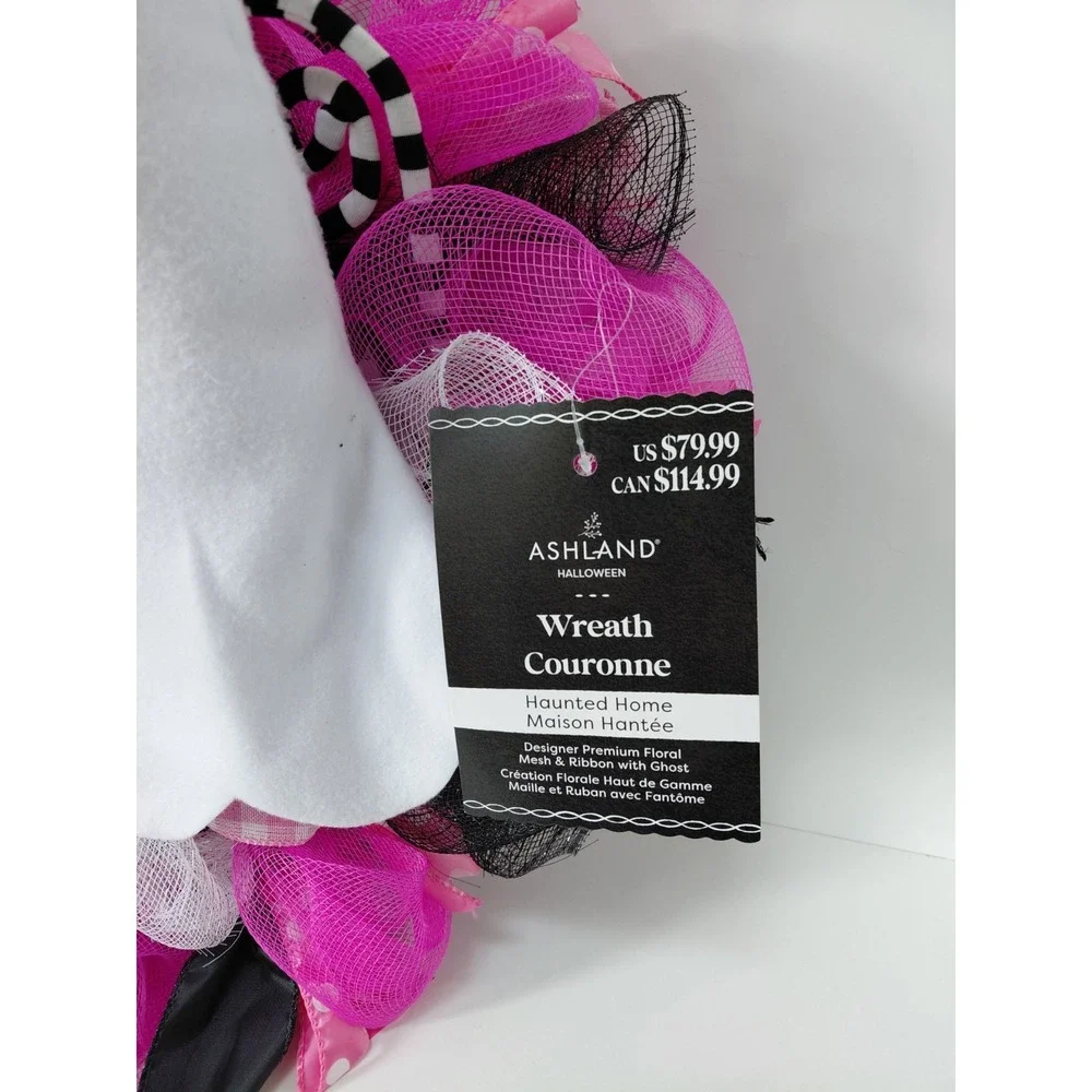 NWT Pink‎ Black White Mesh Ribbon Ghost Halloween Wreath 24