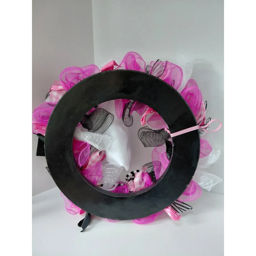 NWT Pink‎ Black White Mesh Ribbon Ghost Halloween Wreath 24