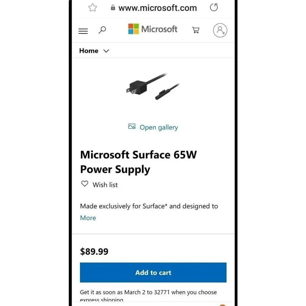 Microsoft Surface 65W Power Supply 1706