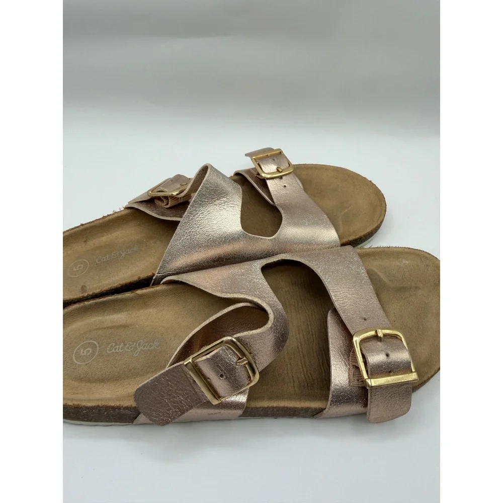 Cat & Jack Slide‎ Sandals Girls Size 5 Rose Gold Metallic Double Buckle Slides