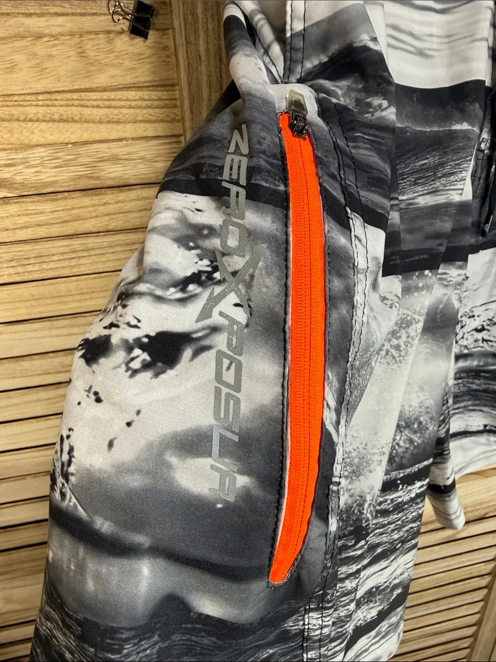 ZeroXposur Men's Black & White Graphic Swim Trunks with Orange Accents Size XL