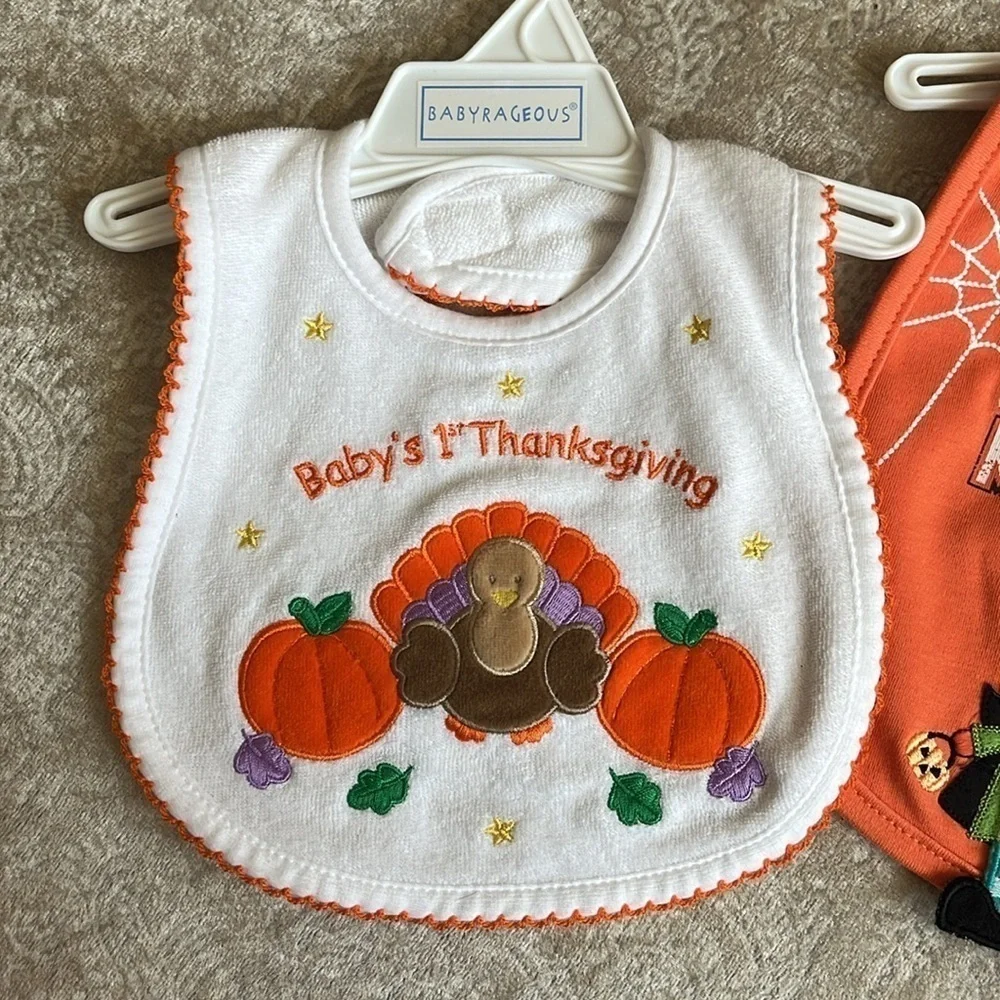 Brand New Set of 2 Cloth Baby Bibs Orange Halloween Thanksgiving Turkey Pumpkin
