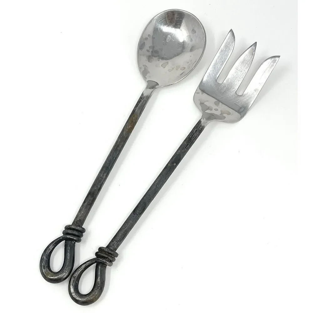 Gibson Rope Twist Forged Oxidized Stainless Steel Salad Serving Spoon Fork 10”