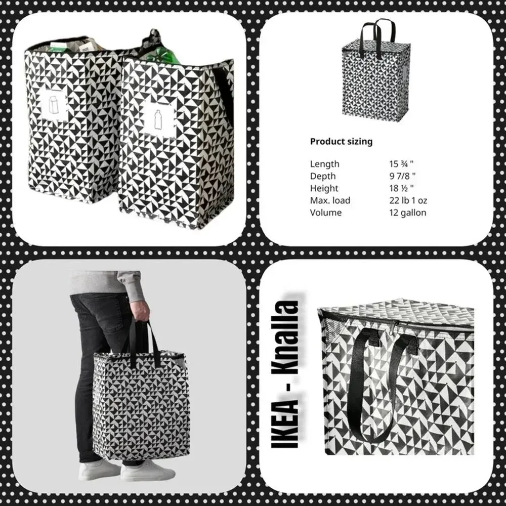 IKEA - KNALLA Two (2) Reusable Tote Bags Black & White Geometric Storage Recycle