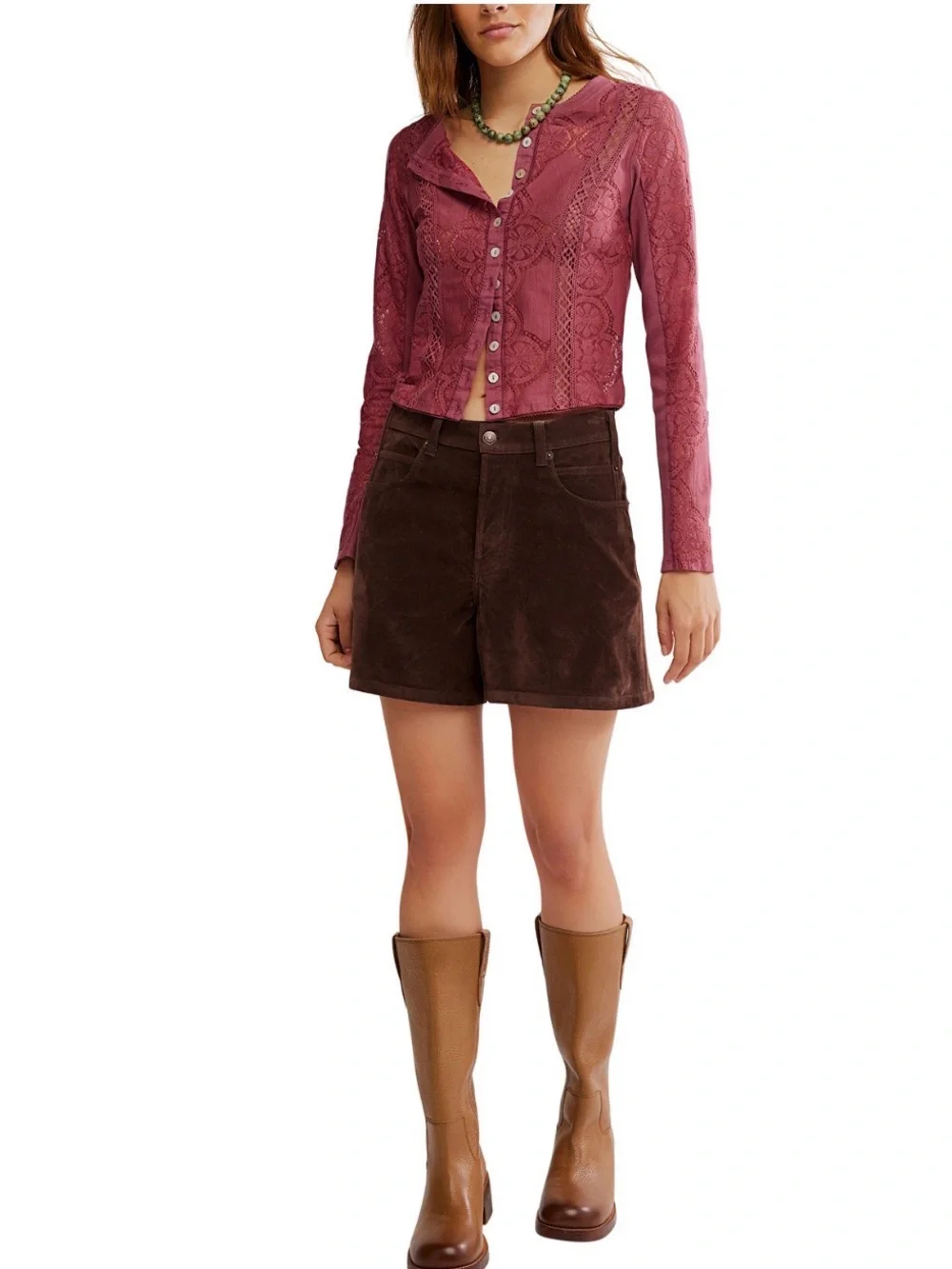 Free People Women's Button-Front Long-Sleeve Lace Top, Size MEDIUM