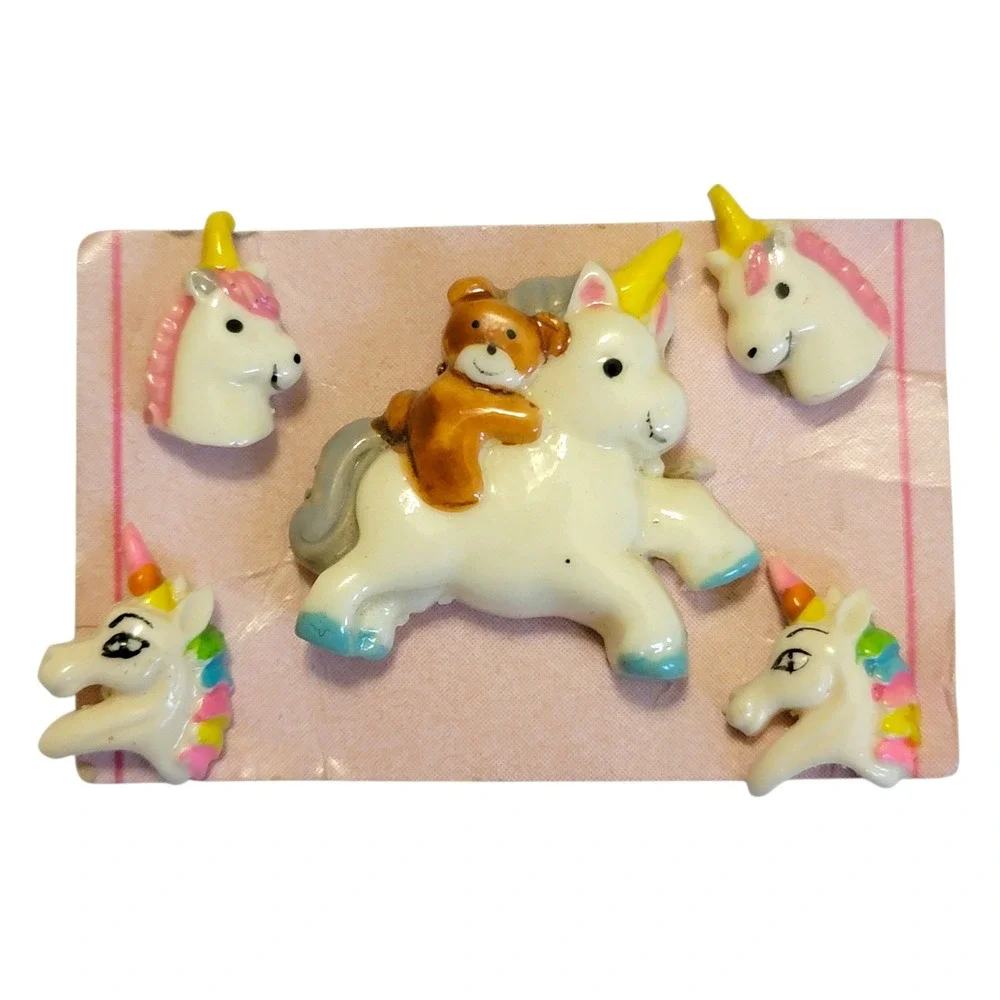 VTG 80s Unicorn Earrings Pin Set 2 Pairs Teddy Bear Girls Post Stud Jewelry Gift