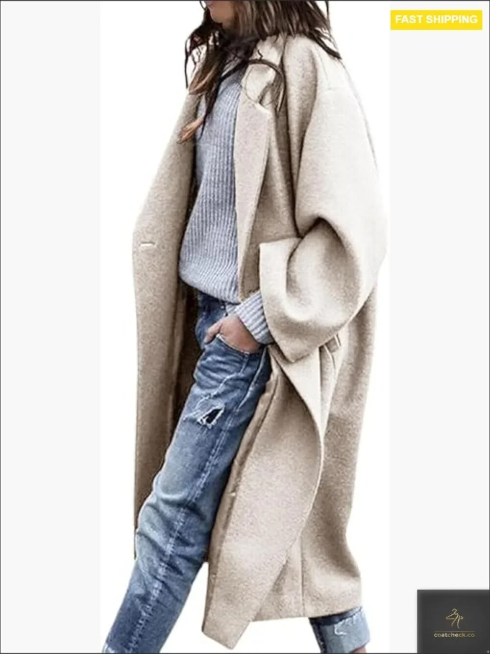 Oversized Wool Pea Coat Classic Notch Lapel Loose Fit Winter Trench Chic