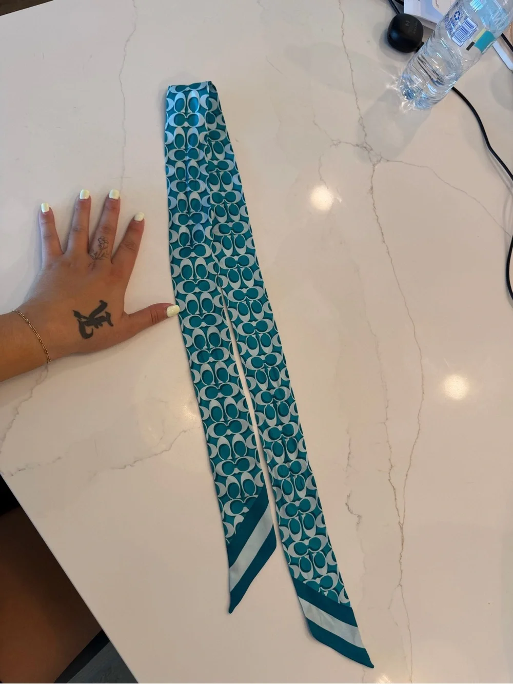Coach Teal Logo-Print Silk Scarf Ribbon with Stripe Ends