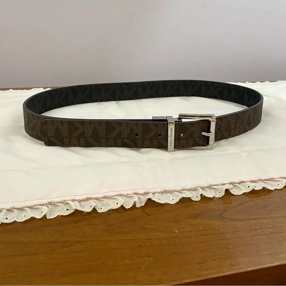 Michael Kors Reversible Belt Logo Signature Belt Brown Black Chrome Buckle Large