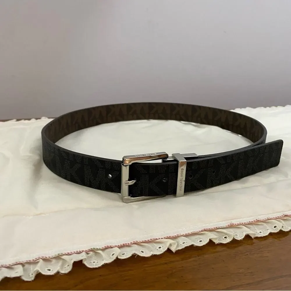 Michael Kors Reversible Belt Logo Signature Belt Brown Black Chrome Buckle Large