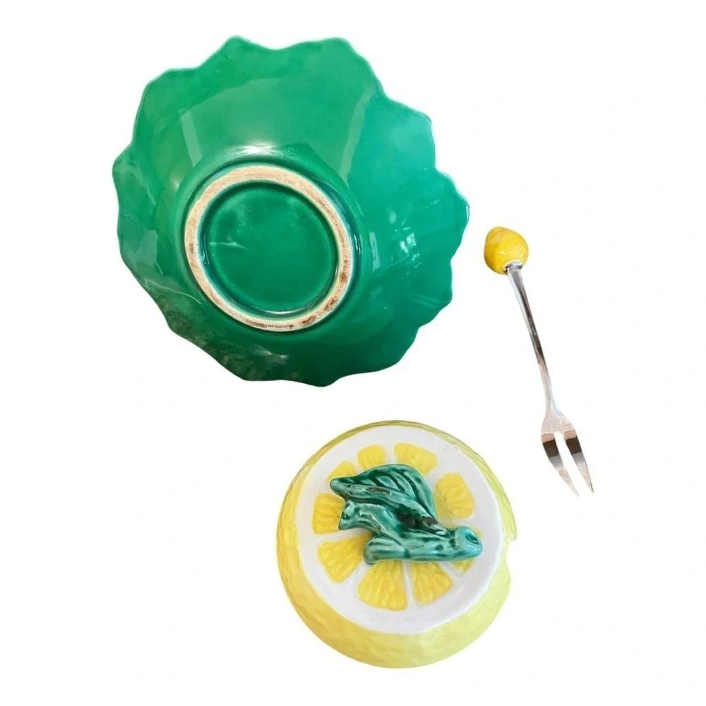 Lemon Pot, Vintage, Yellow & Green, Lemon Lid w/Fork, Realistic