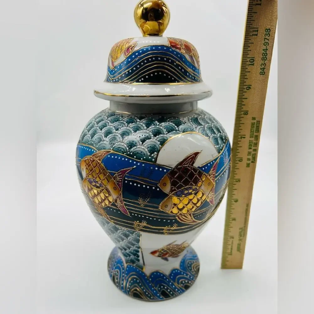 Porcelain hand painted Japanese textured large ginger jar with matching plate