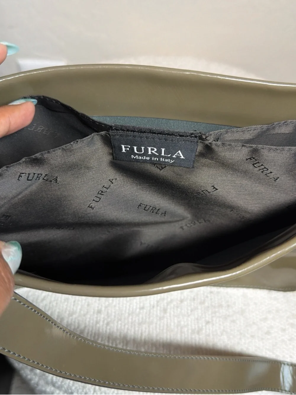 Vintage Furla Patent Leather Shoulder Bag in Taupe Brown