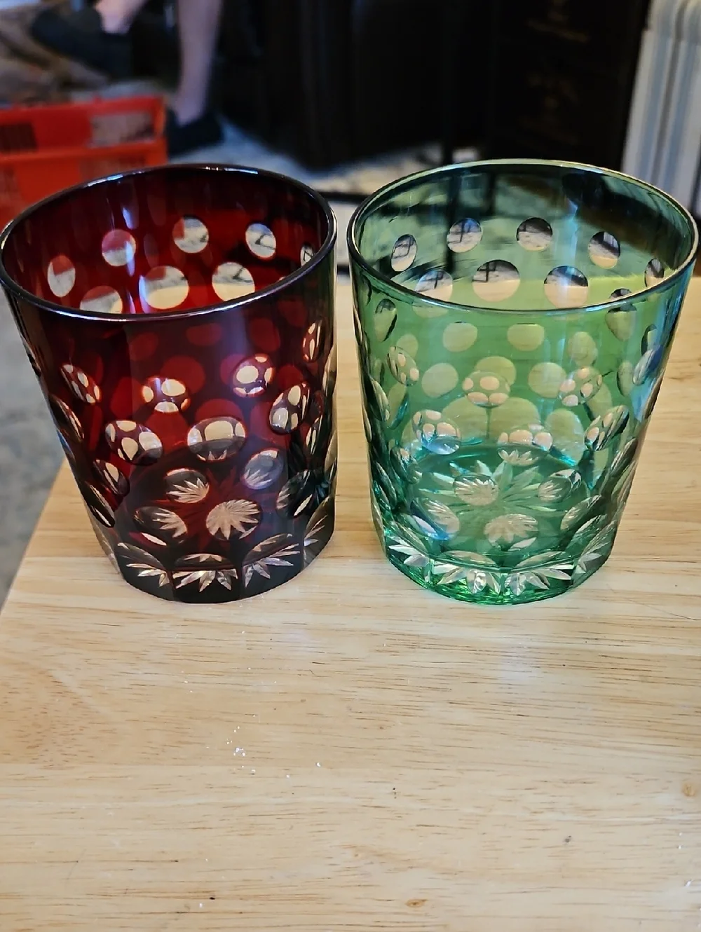 Vintage Cut Crystal Polka Dot Tumbler - Ruby Red and Green Glass Pair