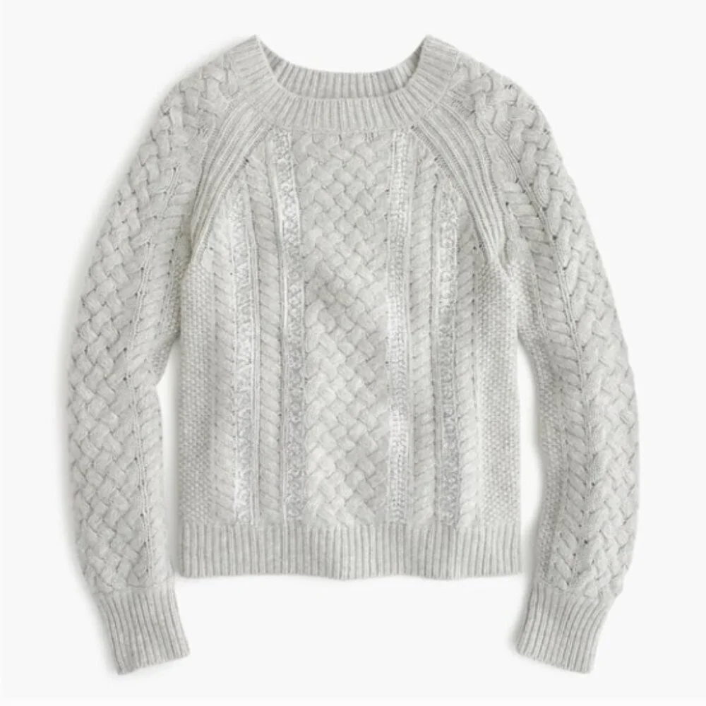 J. Crew Grey Cable Knit Pullover Sweater Crew Neck Sequin Stripe Size XS Women's
