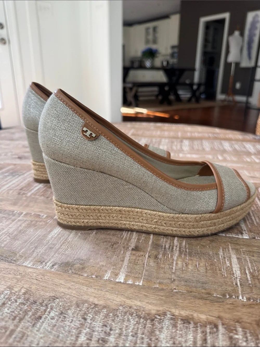 Tory Burch Majorca WEDGE SANDAL ESPADRILLE PLATFORM PEEP CANVAS Size 7