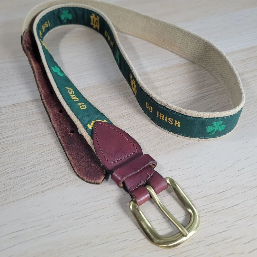 VTG Notre Dame Go Irish Ribbon Belt Cape Cod Mercantile Solid Brass Buckle 46”
