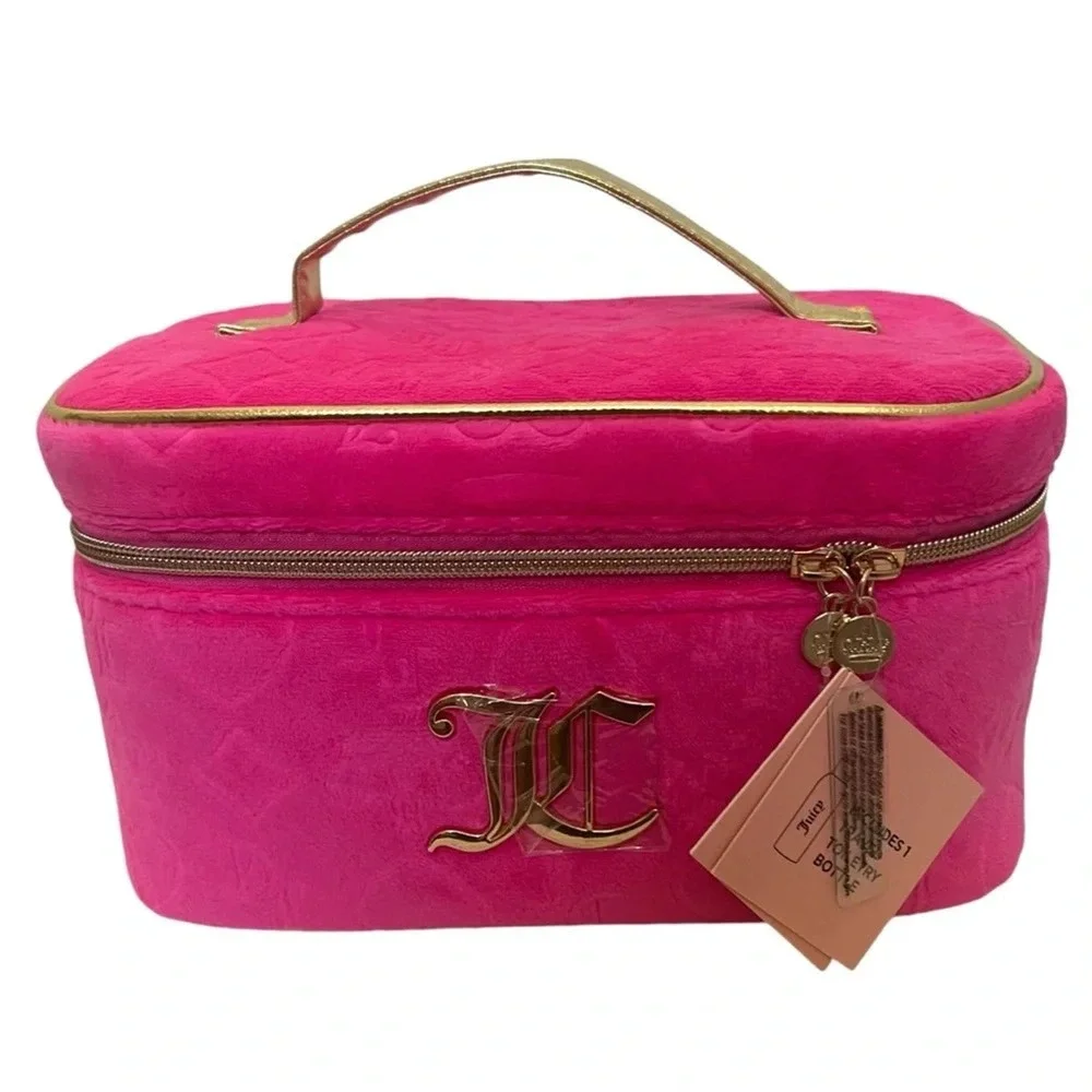 Juicy Couture Hot Pink Velour Train Case Makeup Bag Gold Logo New With Tags