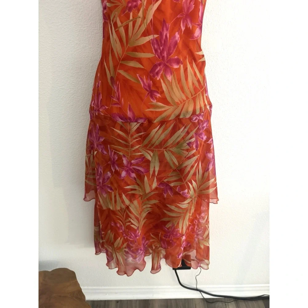 Vintage Y2K Slip Dress Midi Sz 12 Orange Tropical Chiffon Meghan Matthews Resort