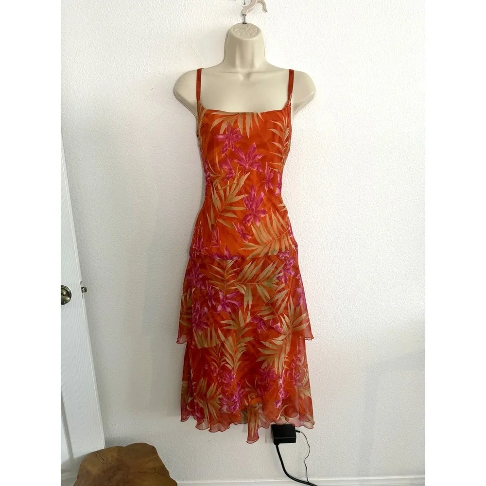 Vintage Y2K Slip Dress Midi Sz 12 Orange Tropical Chiffon Meghan Matthews Resort