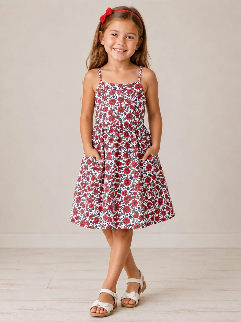 Polo Ralph Lauren Girls Floral Sundress Red White Pocket Dress Size 5