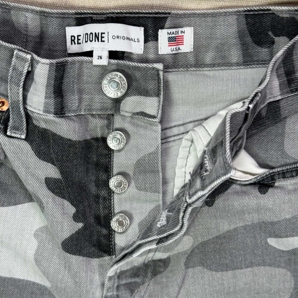 RE/DONE Original Grey Camo High Rise Ankle Crop Stretch Jeans Size 26 Button Fly