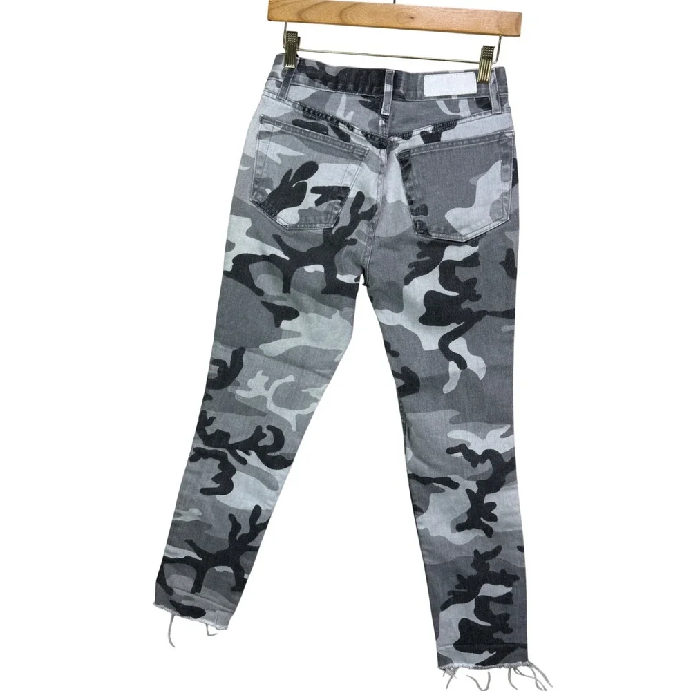 RE/DONE Original Grey Camo High Rise Ankle Crop Stretch Jeans Size 26 Button Fly