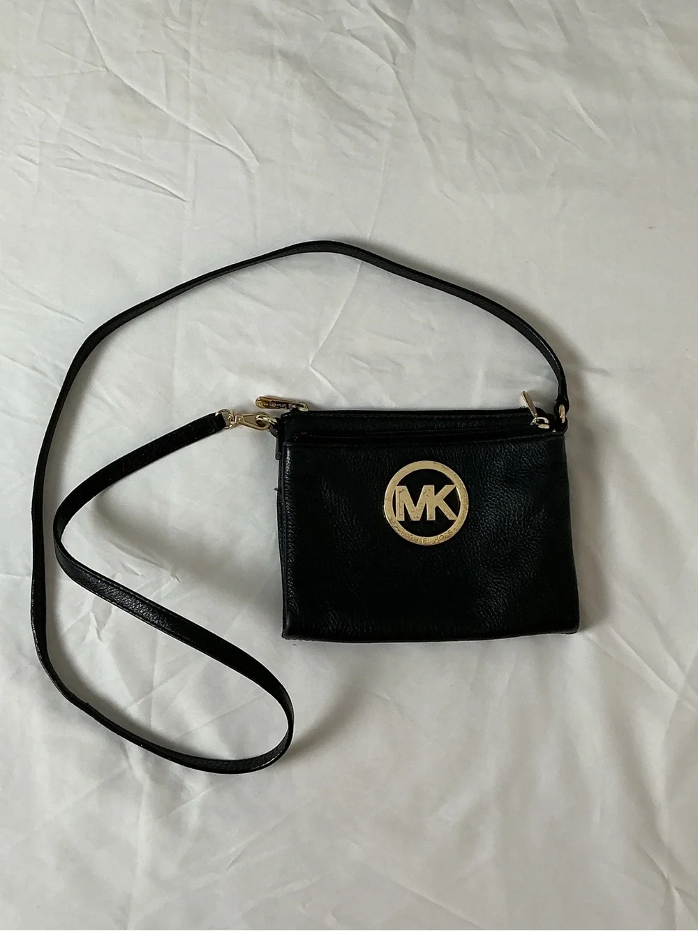 Michael Kors Black Leather Crossbody with Gold MK Medallion