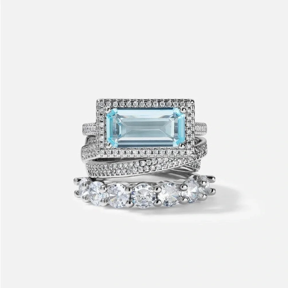 Aquamarine and Diamond 3 Ring Statement Stacked Ring Set - Women Jewelry Size 8