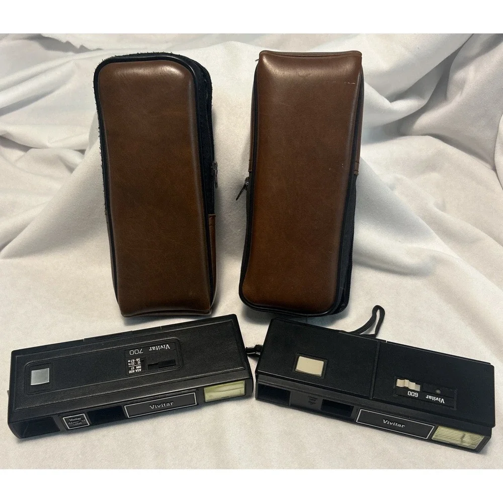 Vivitar 600 and 700 Vintage 110 Film Pocket Cameras with Brown Cases Lot of 2