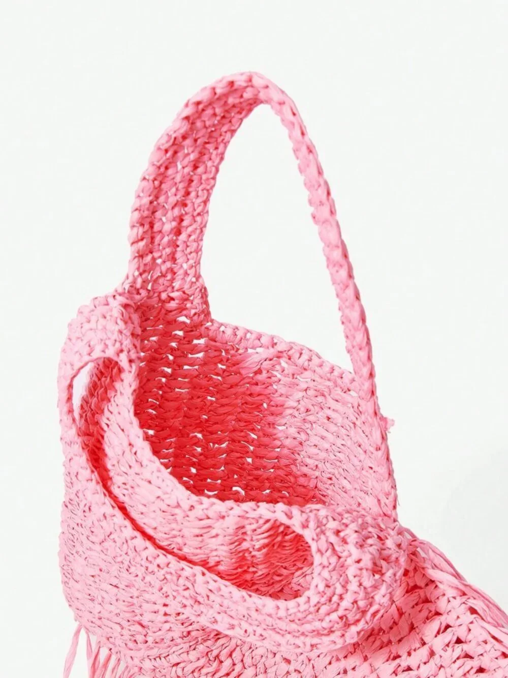 Pink Women's Heart-Shaped Tassel Straw Woven Hobo Shoulder Bag