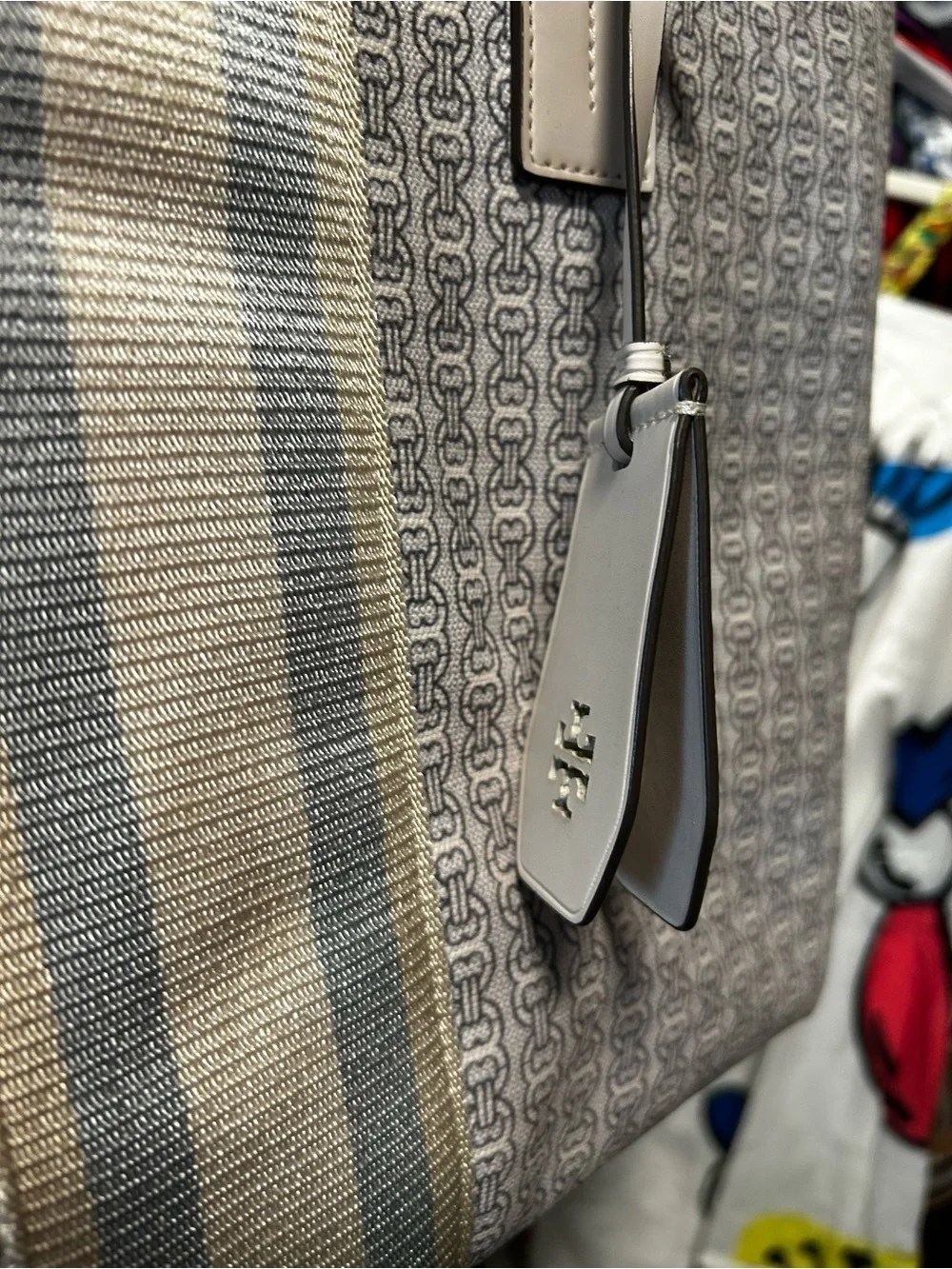 Tory Burch Cream and Light Blue Printed Canvas Stripe Tote