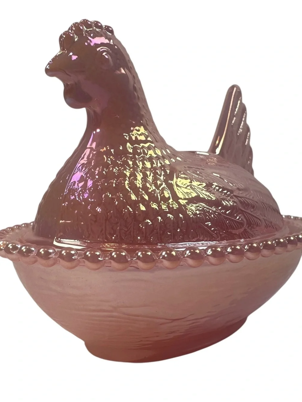 Rose’s Closet Pink Carnival Glass Hen on Nest 3 1/2” tall 4 3/4” long New