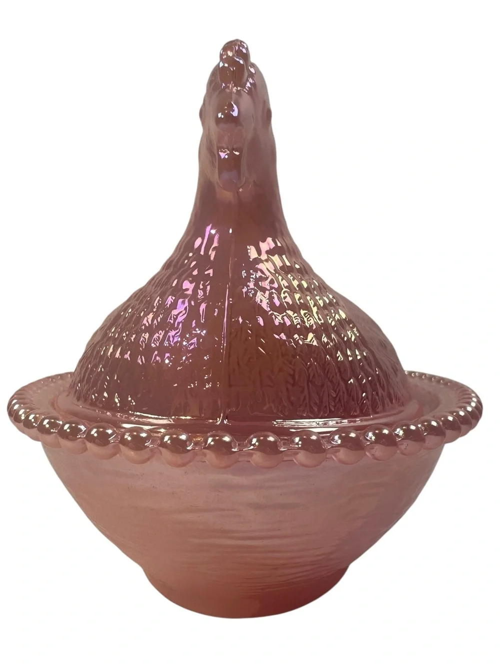 Rose’s Closet Pink Carnival Glass Hen on Nest 3 1/2” tall 4 3/4” long New