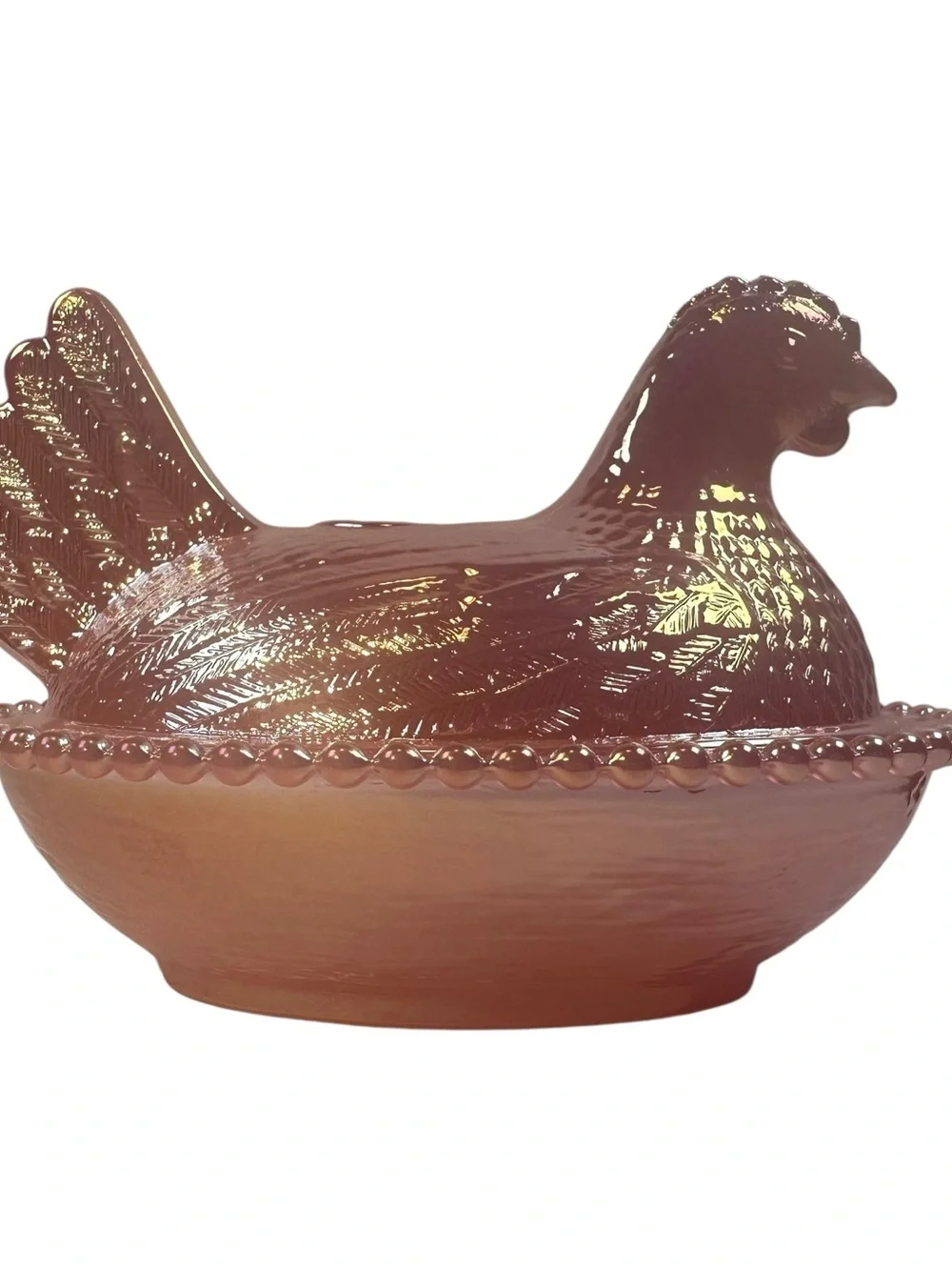 Rose’s Closet Pink Carnival Glass Hen on Nest 3 1/2” tall 4 3/4” long New