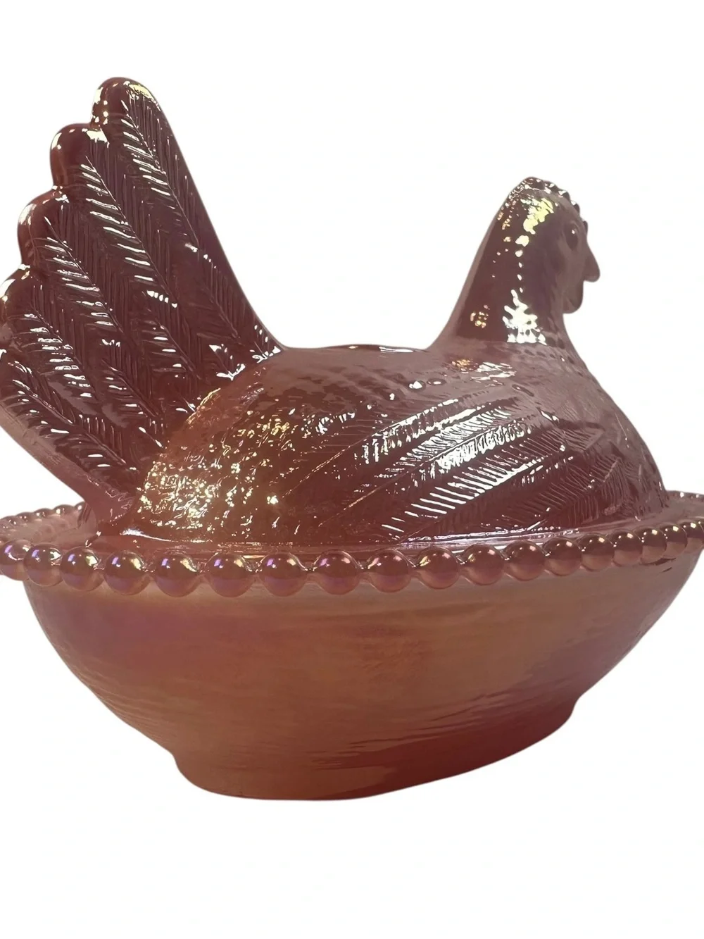 Rose’s Closet Pink Carnival Glass Hen on Nest 3 1/2” tall 4 3/4” long New