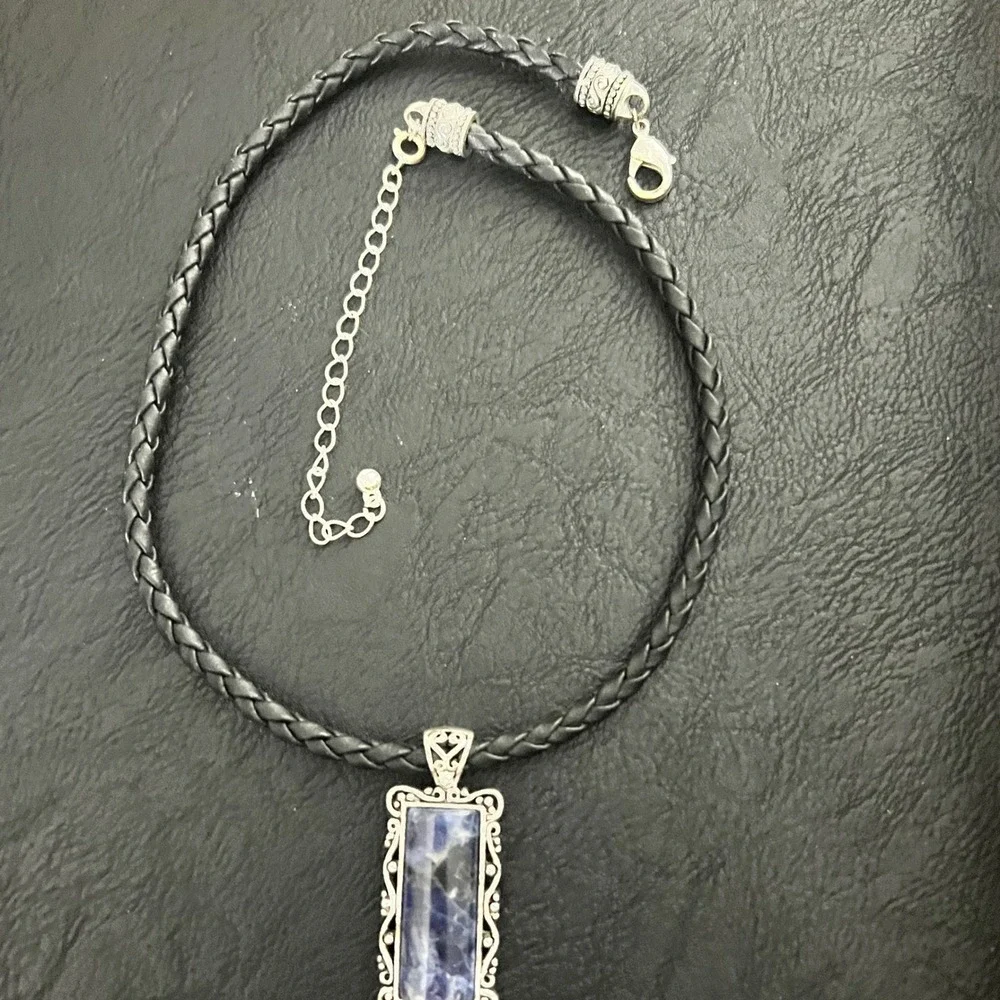 Avon Blue Sodalite Rectangular Pendant Braided Choker Necklace 15-18