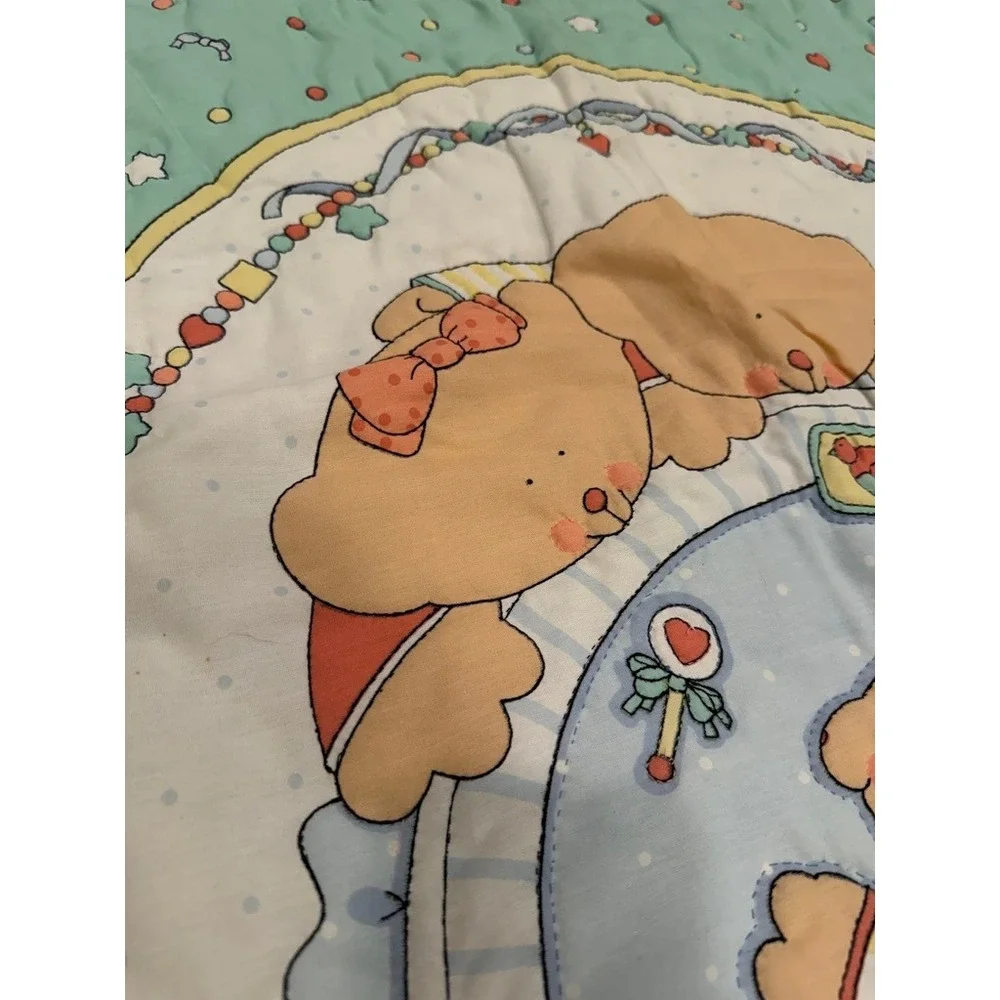 Vintage Sue Dreamer Teddy Bear Baby Quilt Blanket Mint Green Pastel 33x43